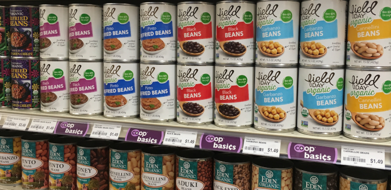 Example of Co-op Basics products in the store 2019
